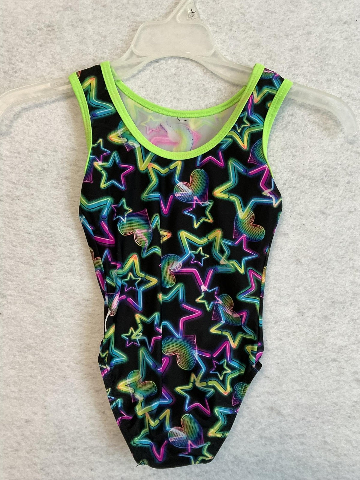 VGT Destira Leotard Girl L Multicolor Neon Stars Hearts Gymnastics One Piece USA