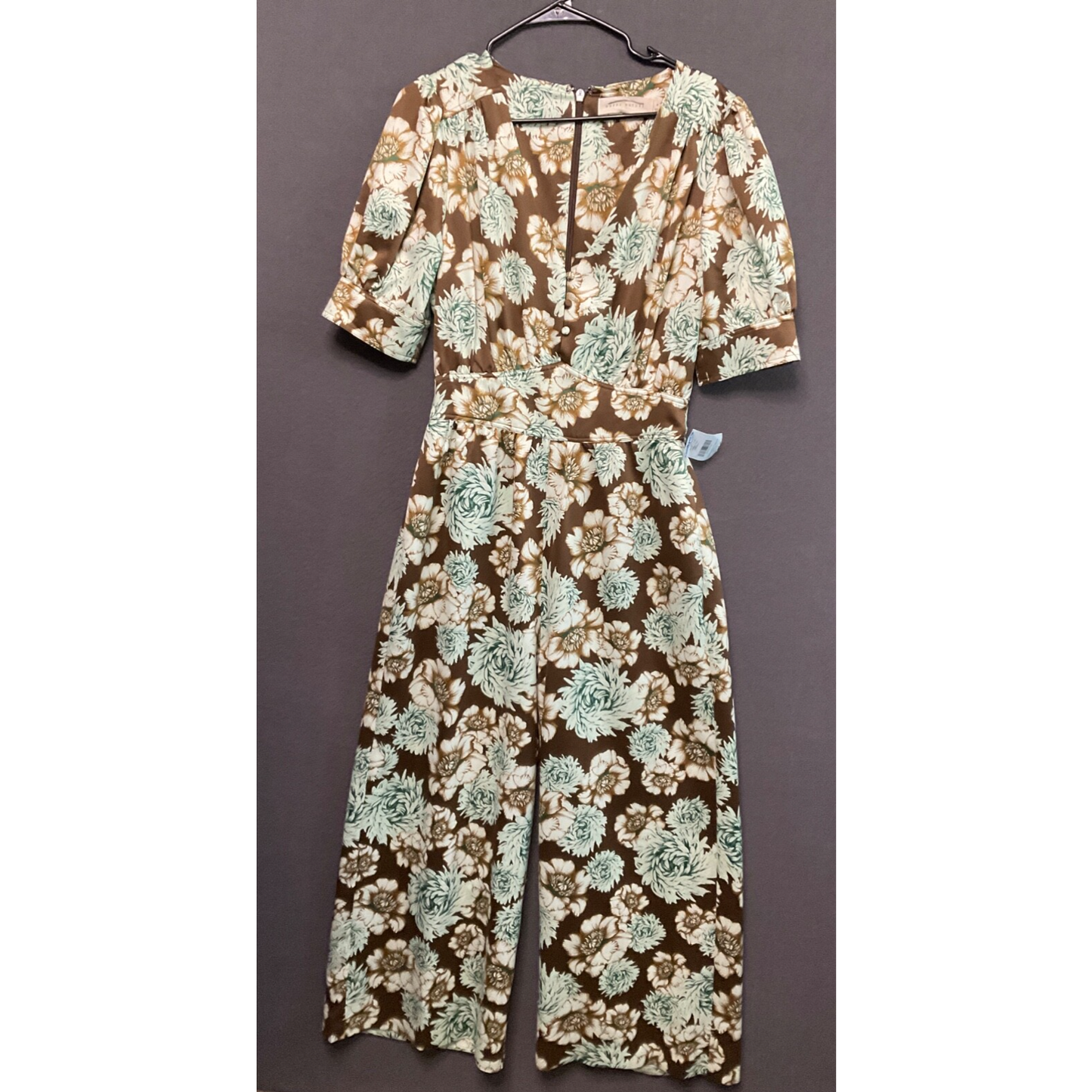 NWT Happy x Nature Wide Leg Floral Jumpsuit Size 4 Green Brown Retro Chic