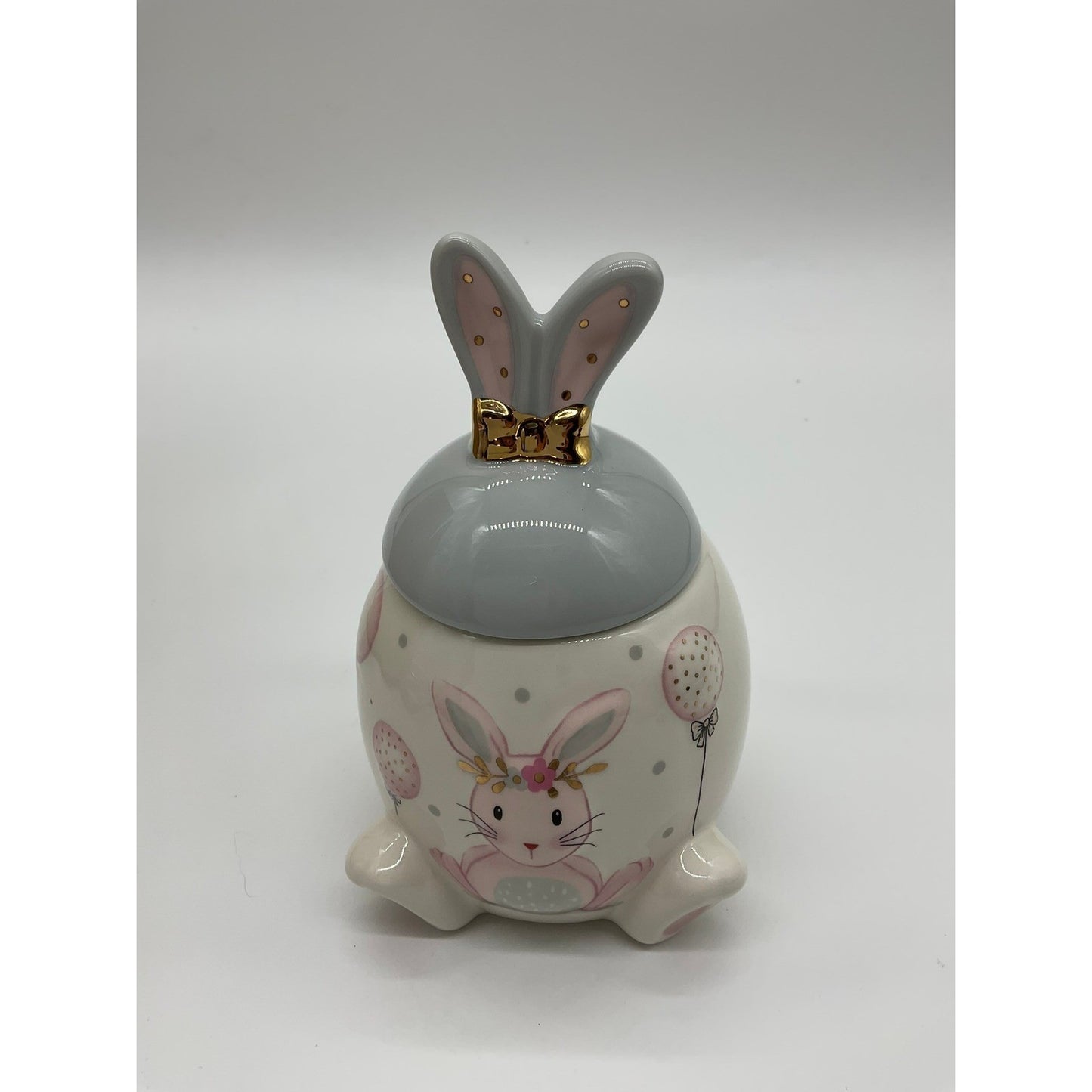 Ceramic Storage Jar Easter Bunny Small White Grey Pink Gold Bow Decor