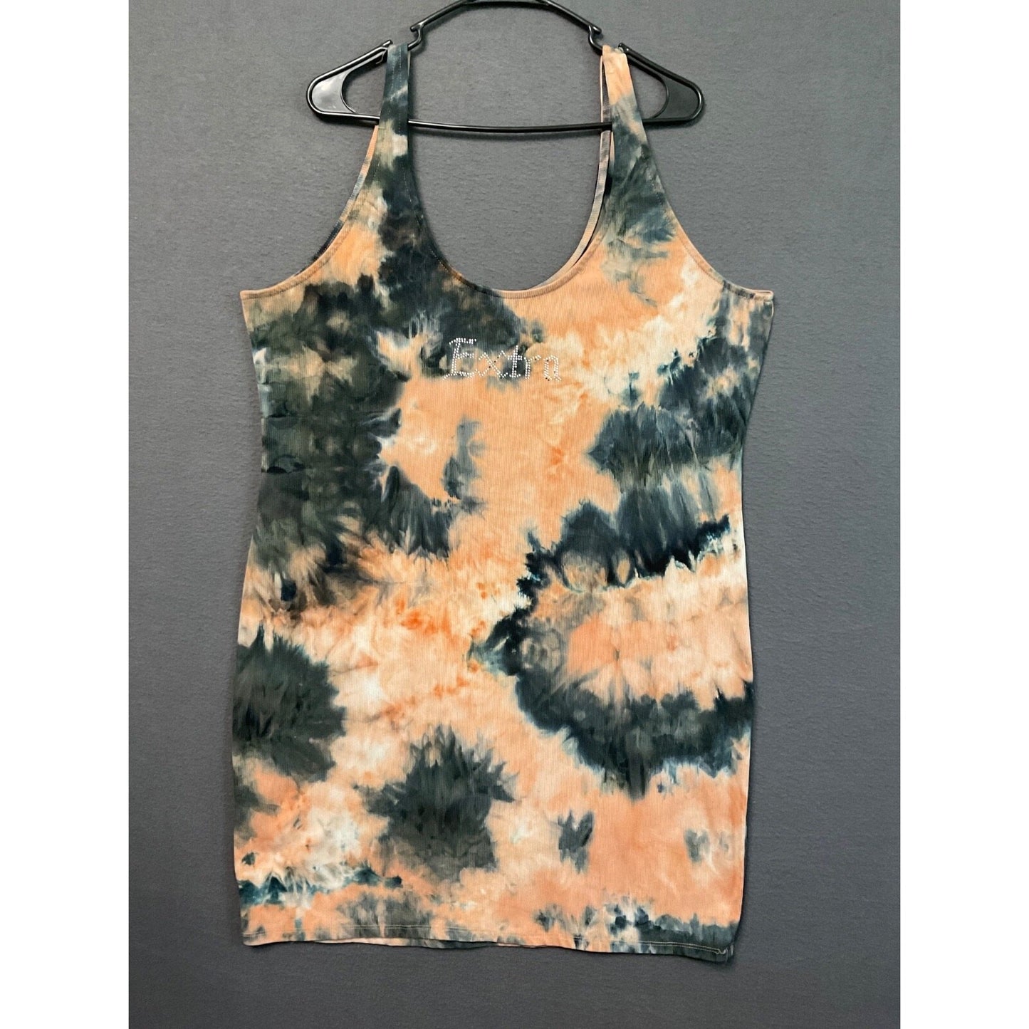 Rue 21 "Exotic" Tie Dye Ribbed Tank Dress 2X Sleeveless Rhinestone Graphic Y2K