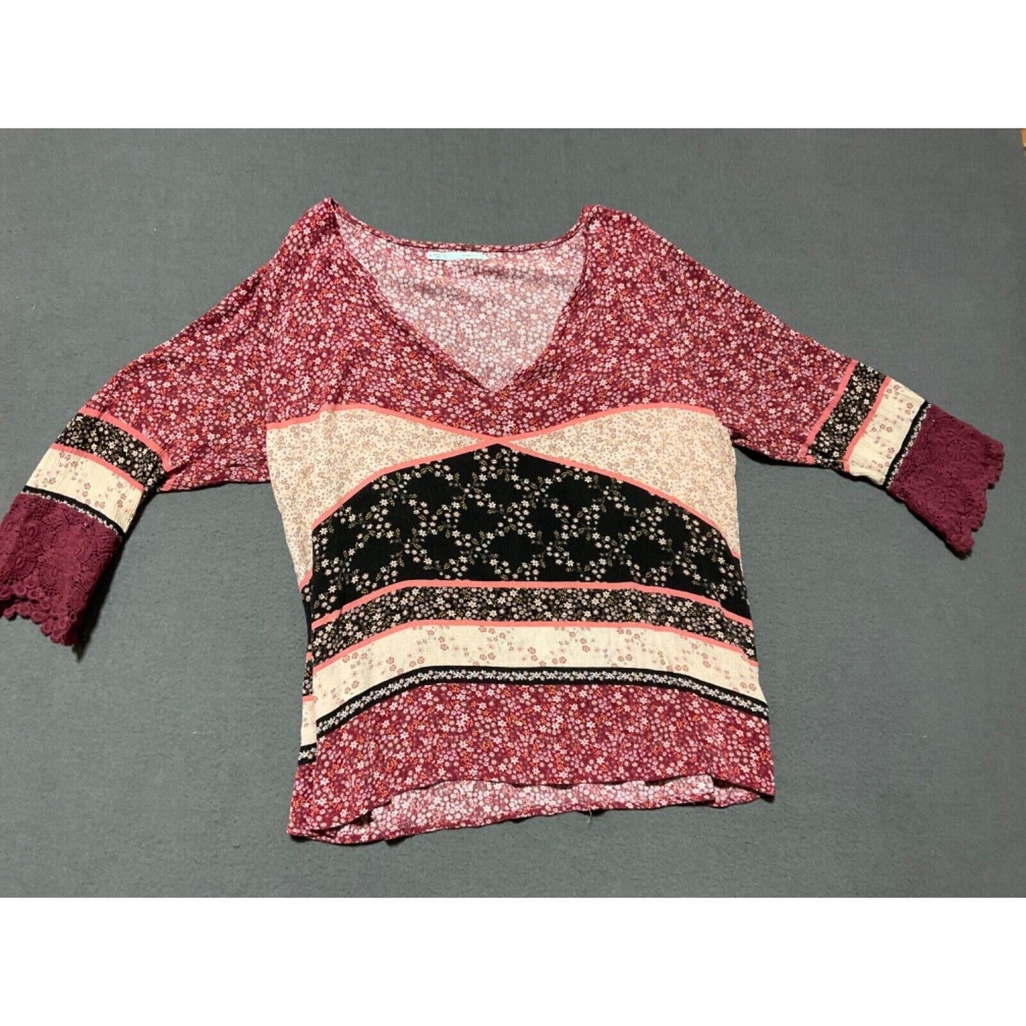Maurice’s XL Women's Retro Boho Floral Long Sleeve Crochet Detail Blouse