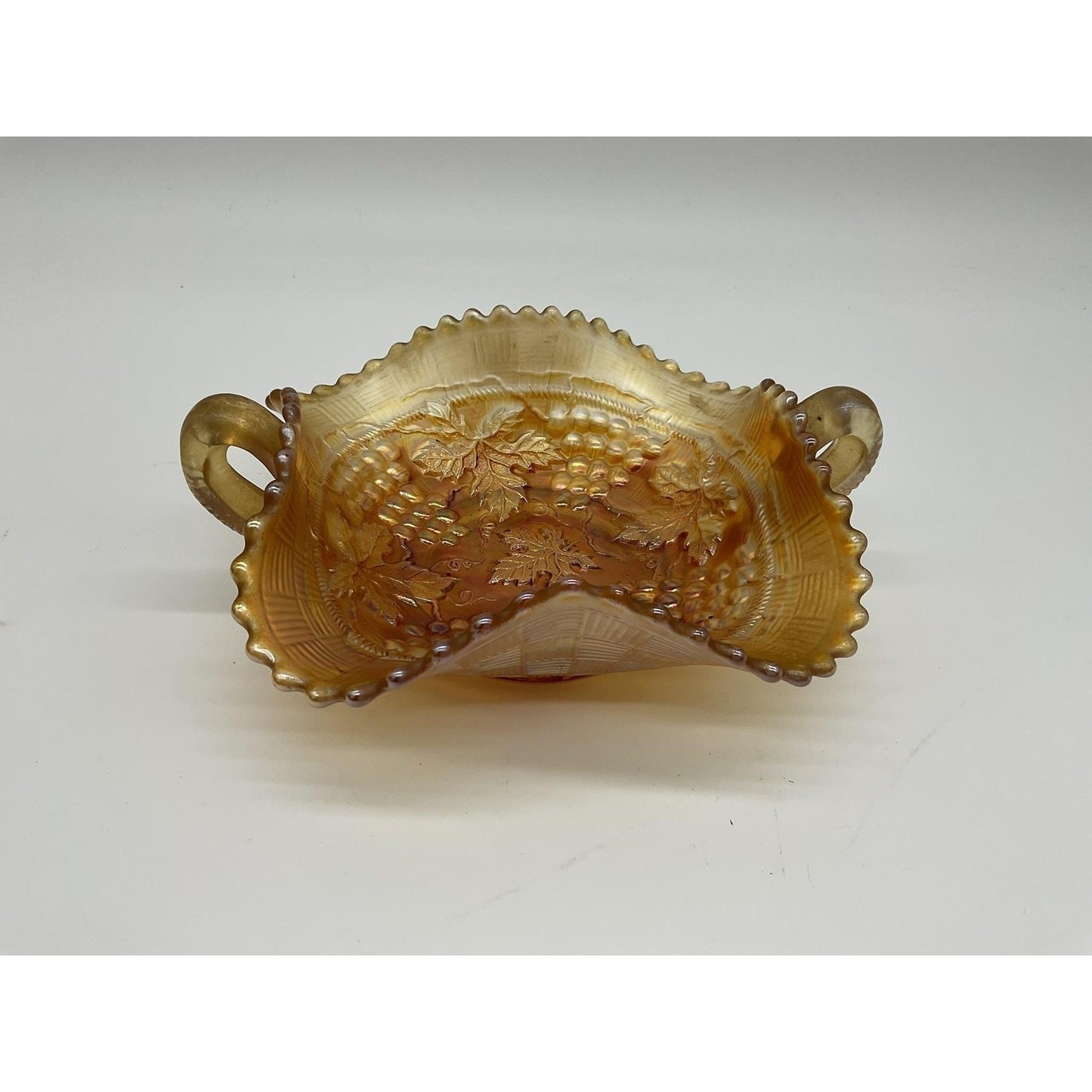 Vintage Indiana Glass Harvest Grape Marigold Carnival Glass Handled Bowl USA 8"