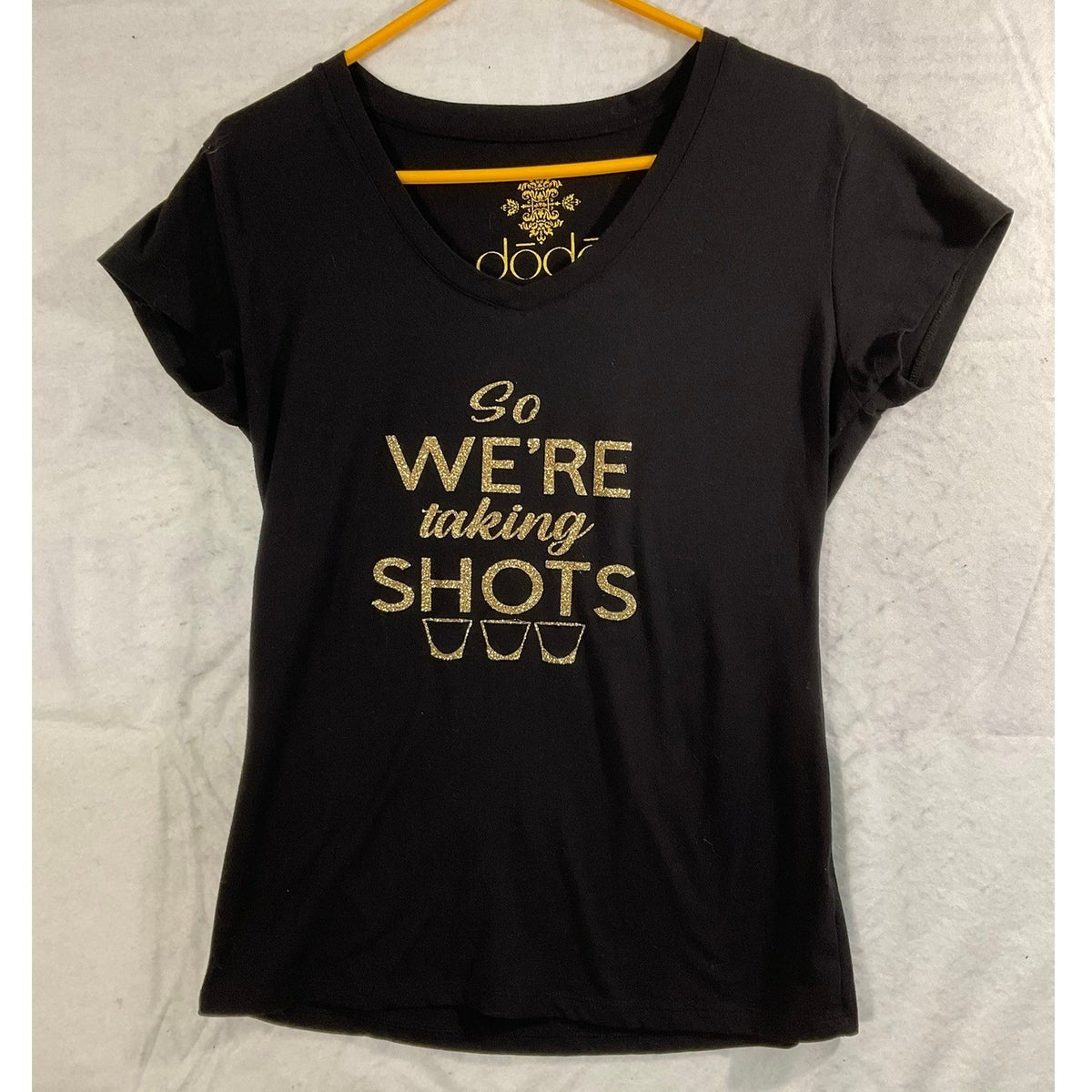 Dodo Graphic Tee Women XL Black So We're Taking Shots Glitter V-Neck Shirt