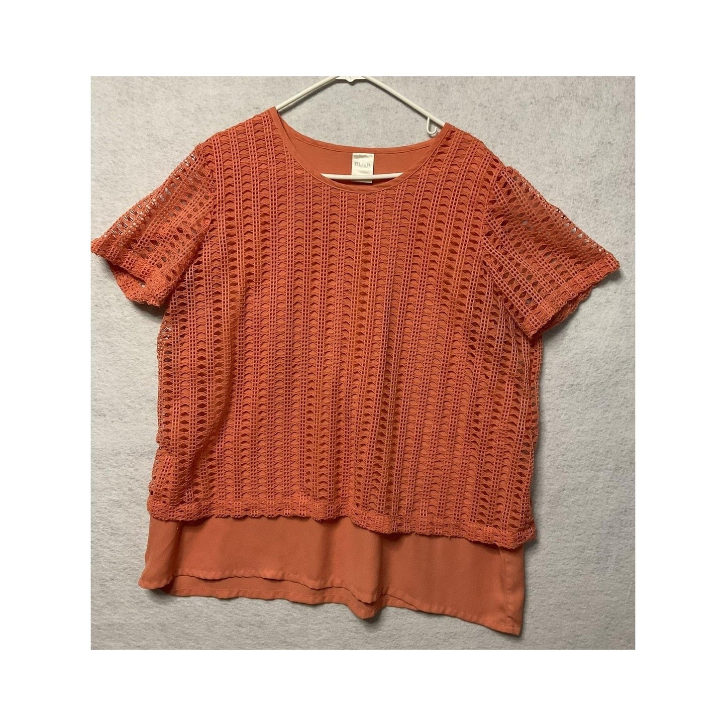 Blair Blouse Womens XL Coral Crochet Lace Overlay Sheer Short Sleeve Hem Lined