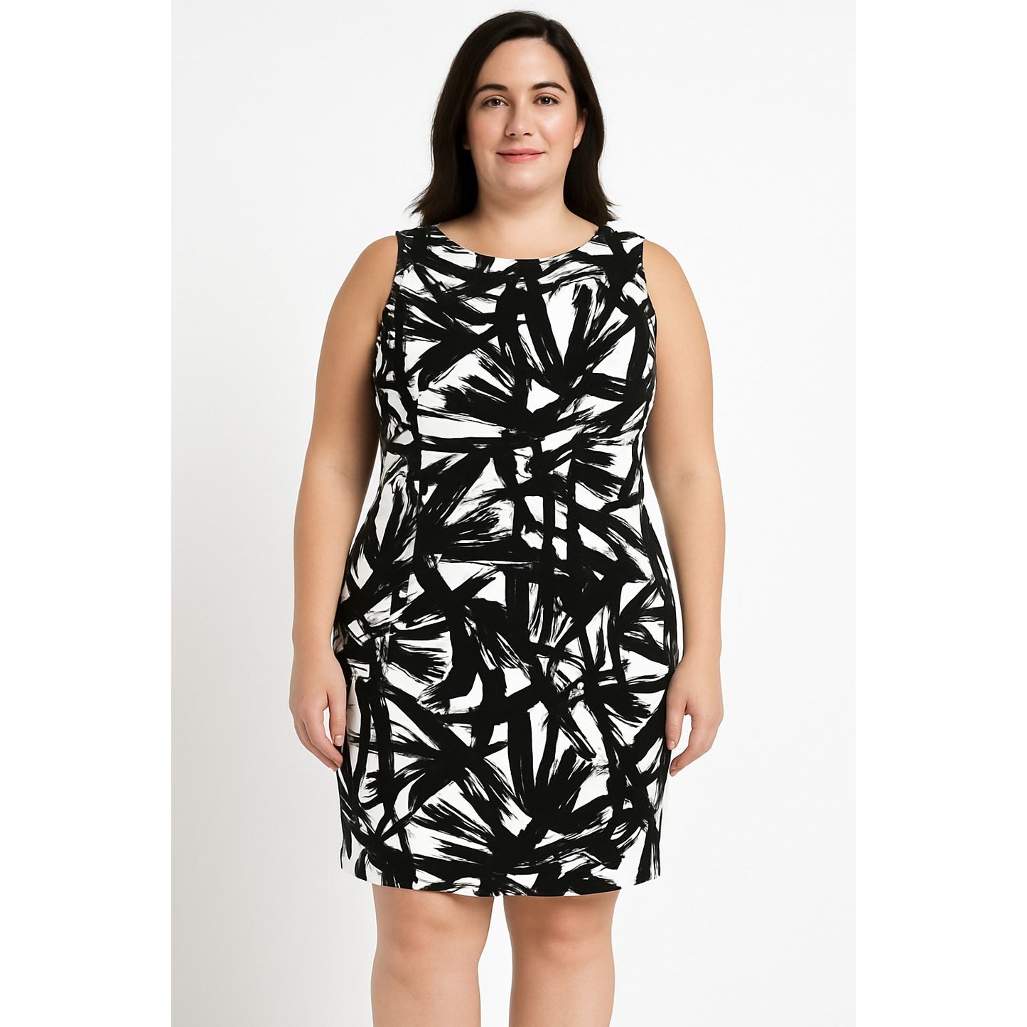 Ronni Nicole Dress 12 Black White Abstract Print Sleeveless Stretch Sheath