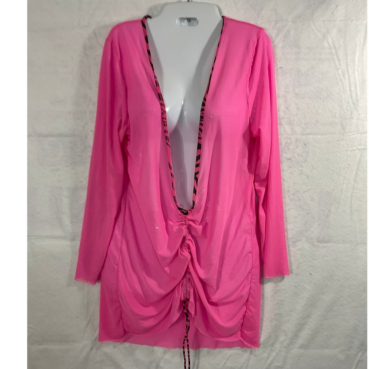 Mesh Cover Up Dress Womens 1XL Pink Ruched Zebra Trim Sexy Beachwear