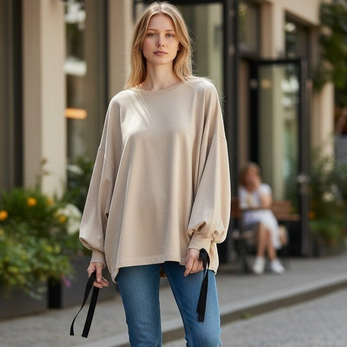 Zara Sweatshirt Womens 3XL Beige Oversized Zipper Cuff Long Sleeve Pullover