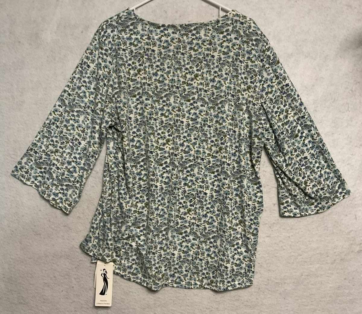 LUYAA Blouse Womens 2XL Blue Floral 3/4 Slit Sleeve Boat Neck Tunic Top Stretch