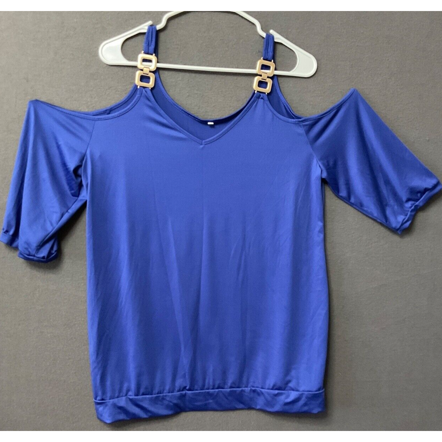 Royal Blue Cold Shoulder Top Size 1XL Stylish Gold Buckle Straps Casual