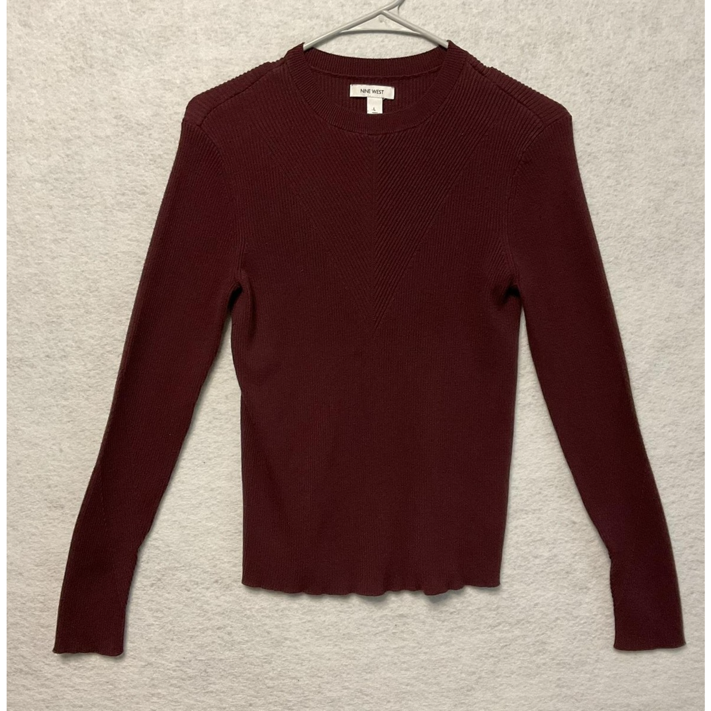 Nine West Sweater Womens Large Burgundy Ribbed Knit Crew Neck Long Sleeve Top