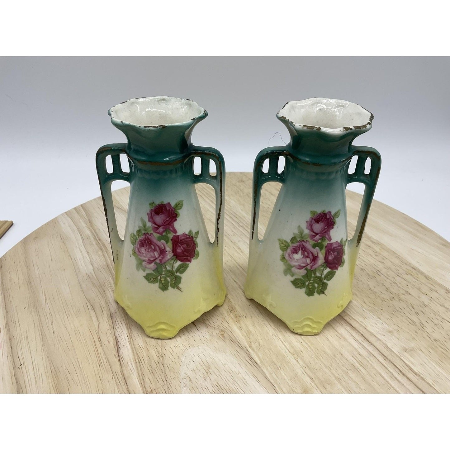Vintage Art Nouveau Porcelain Vases Pair Handled Floral Roses Germany 8 Inch