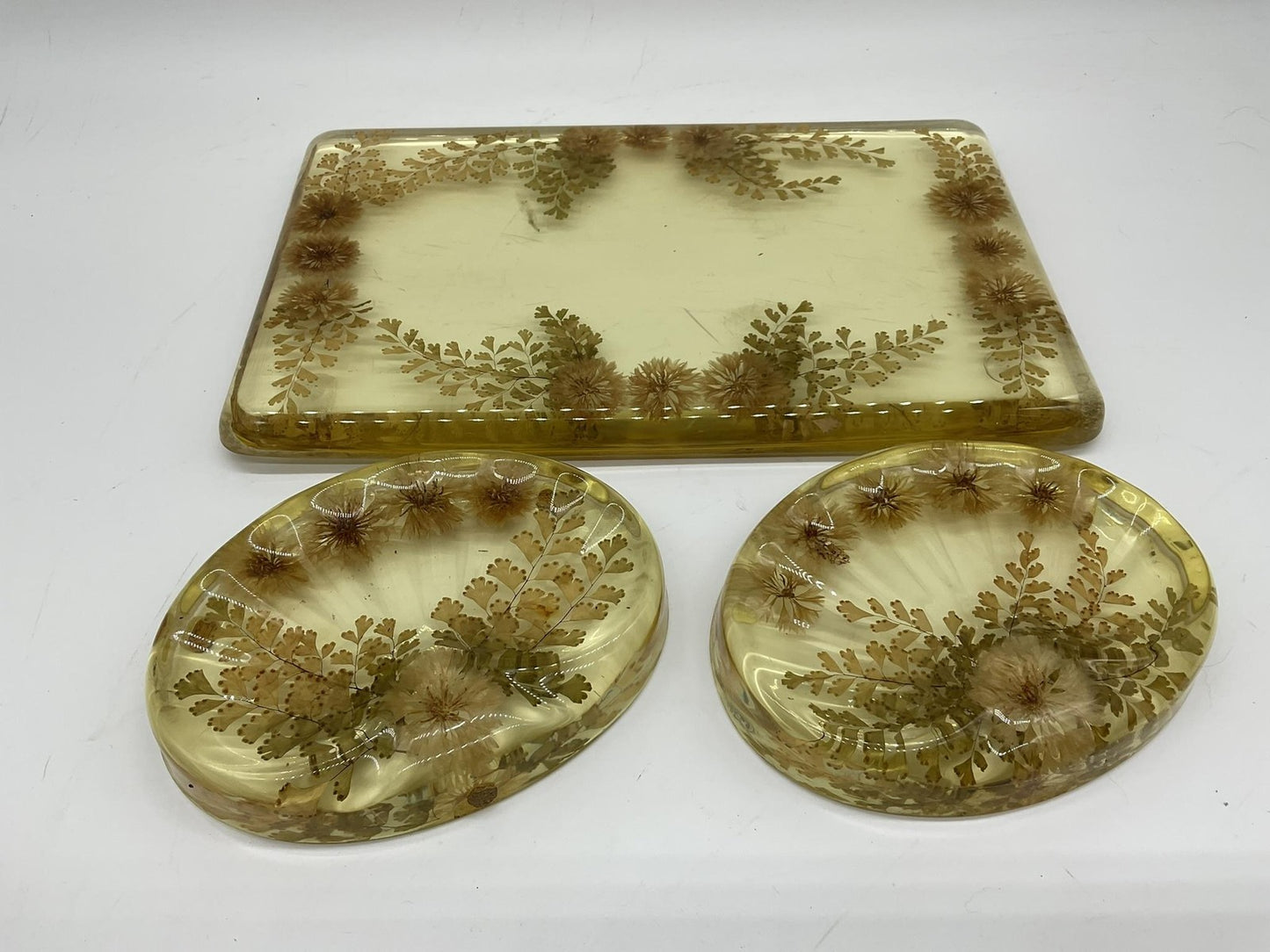 Vintage Lucite Resin Vanity Tray 2 Soap Dishes Set Embedded Flowers Mid Century