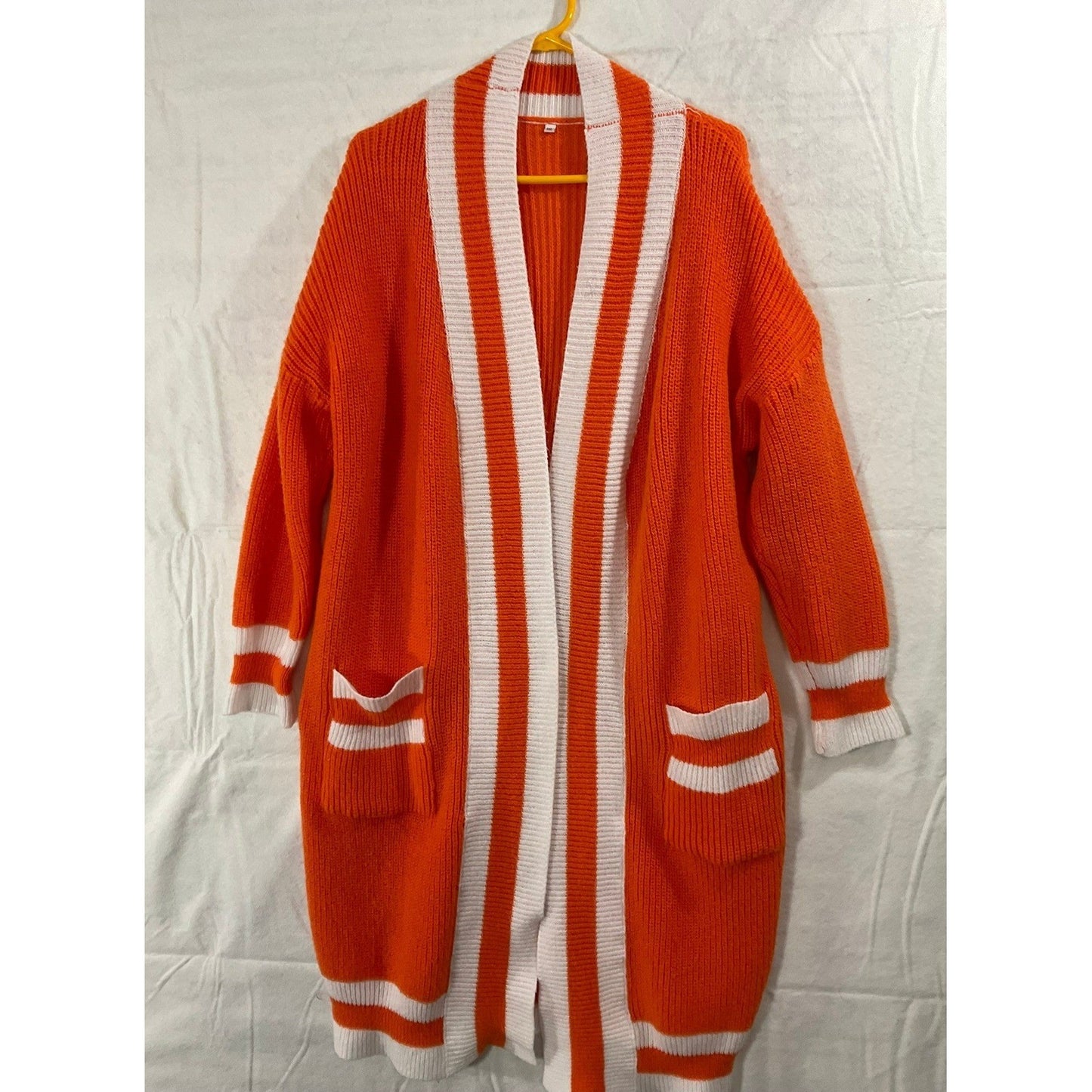 Unbranded Cardigan Women 1XL Orange White Striped Longline Open Front A23A106