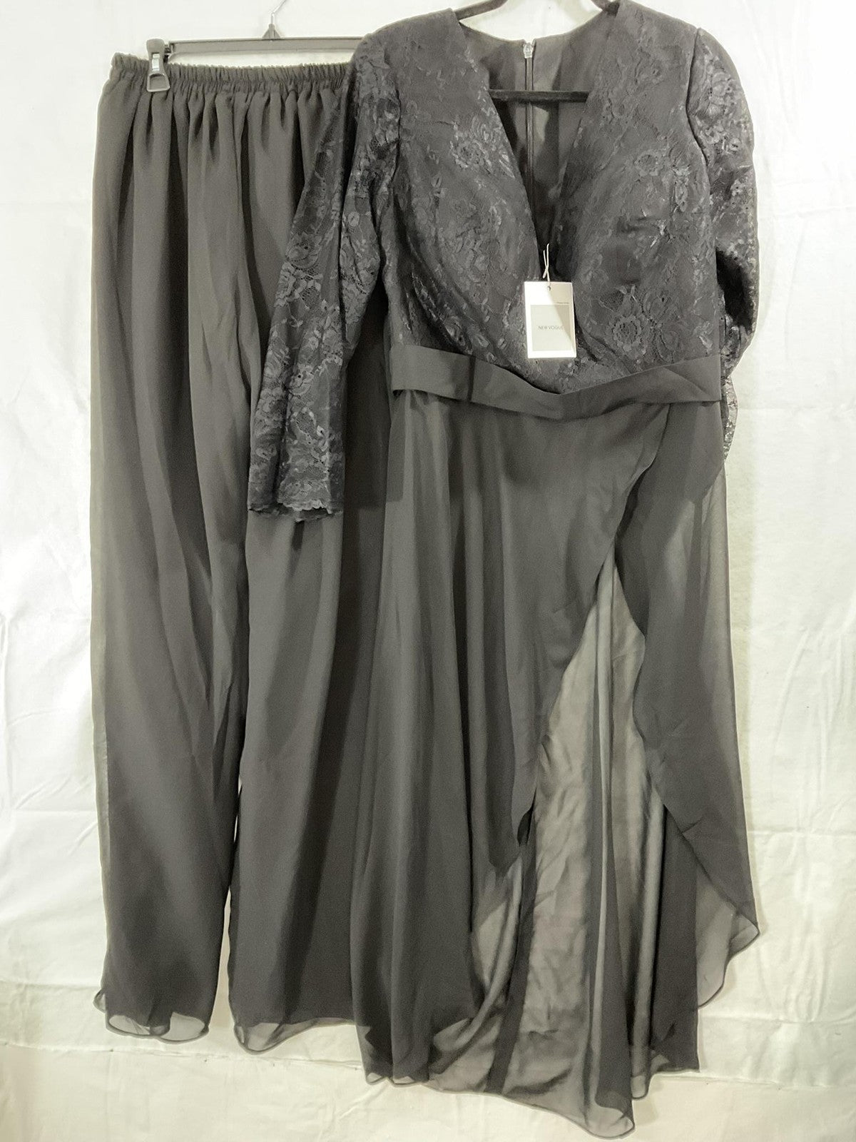 NEW VOGUE Dress Pants Set Womens XL Gray Lace Chiffon Long Sleeve Formal Wedding