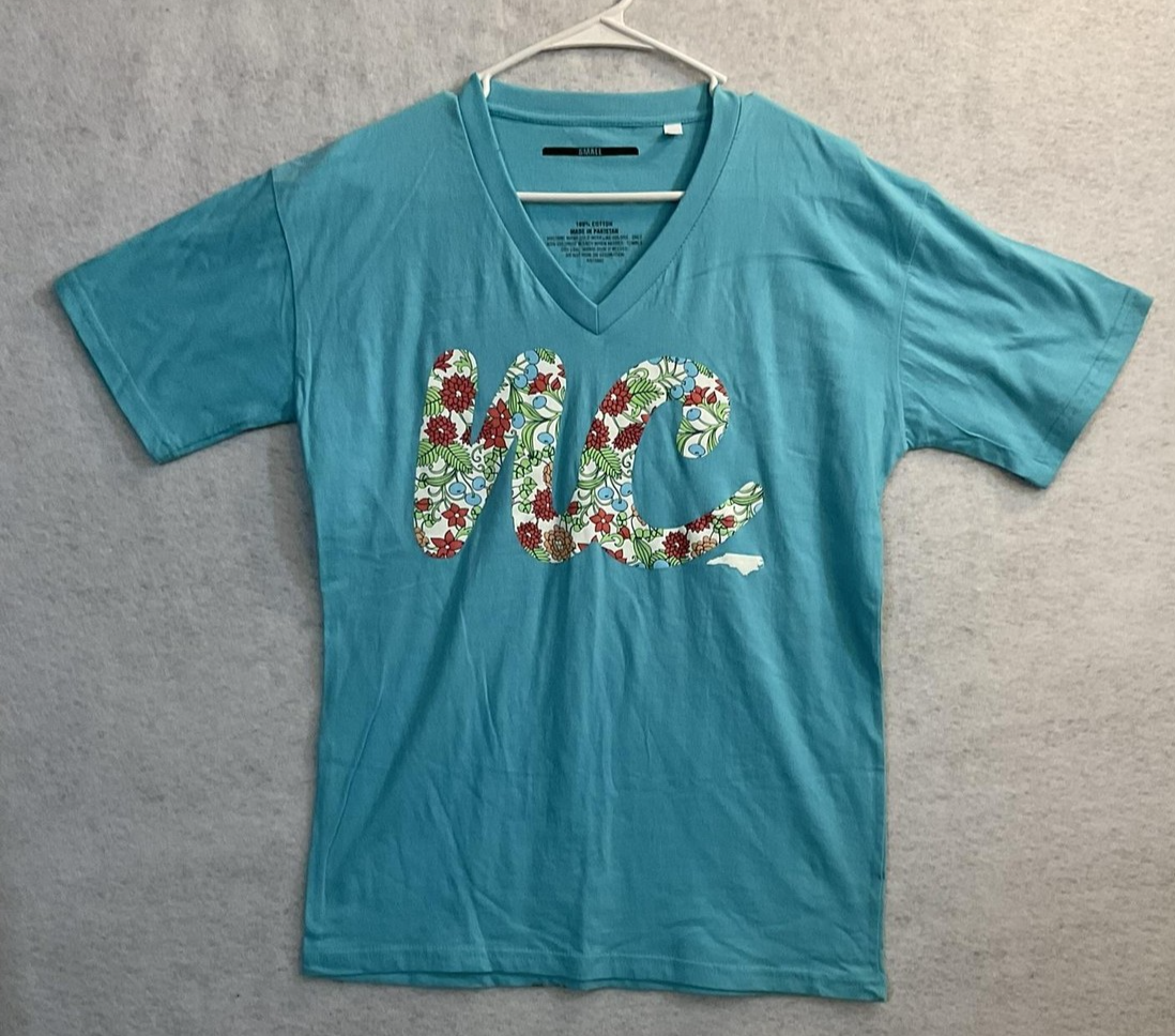 Shirt Womens Small Blue V Neck Short Sleeve NC North Carolina Floral Tee Top