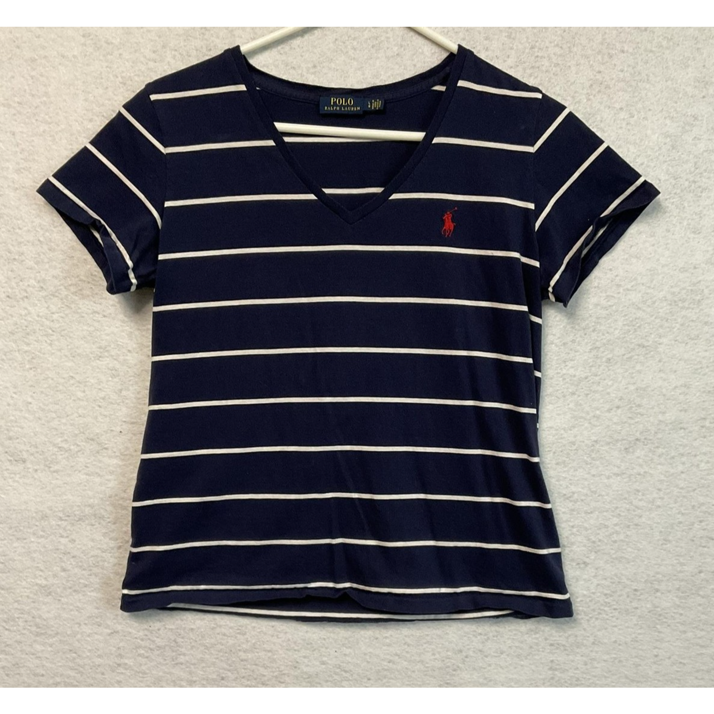 Polo Ralph Lauren Shirt Womens Small Navy White Striped V Neck Red Pony Cotton