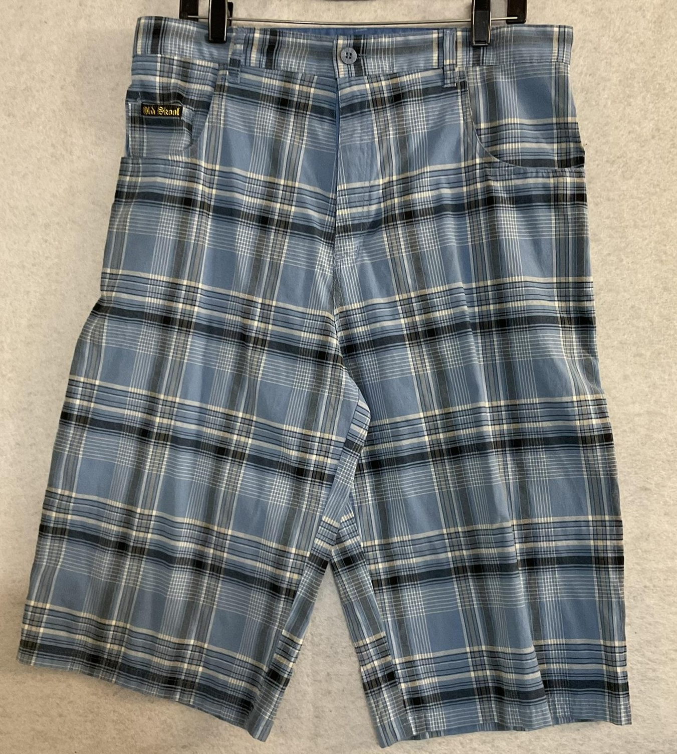 Old Skool Shorts Mens 36 Blue Plaid Cargo Flat Front Zip Fly Pockets Casual
