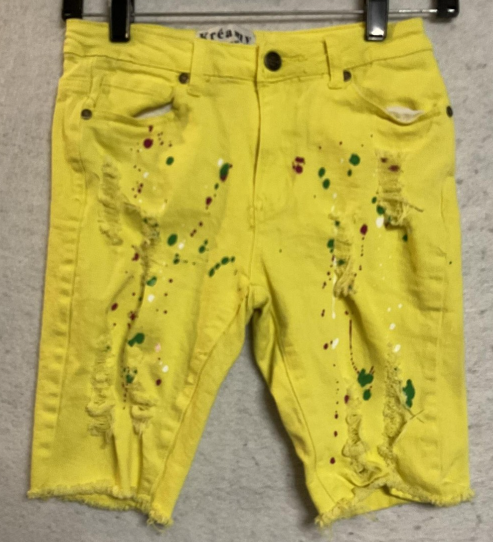 Kréamy Shorts Womens Small Yellow Distressed Paint Splatter Bermuda Stretch