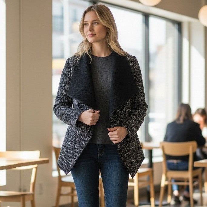 Ann Taylor Open Front Blazer Women S Black White Textured Tweed Draped Jacket