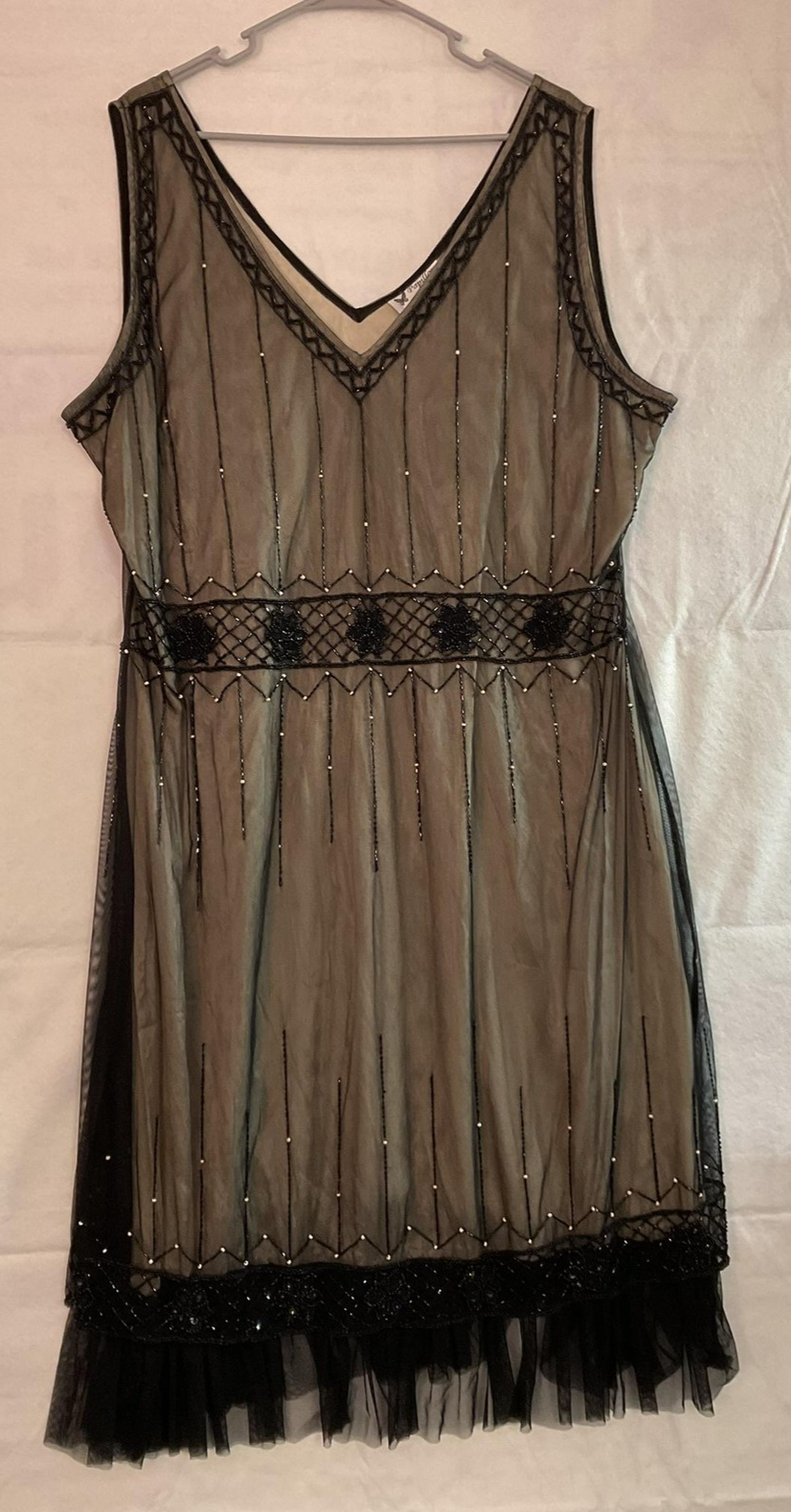 VTG 90 Papillon Los Angeles Dress Womens 3X Black Beaded Mesh Flapper Shift Midi
