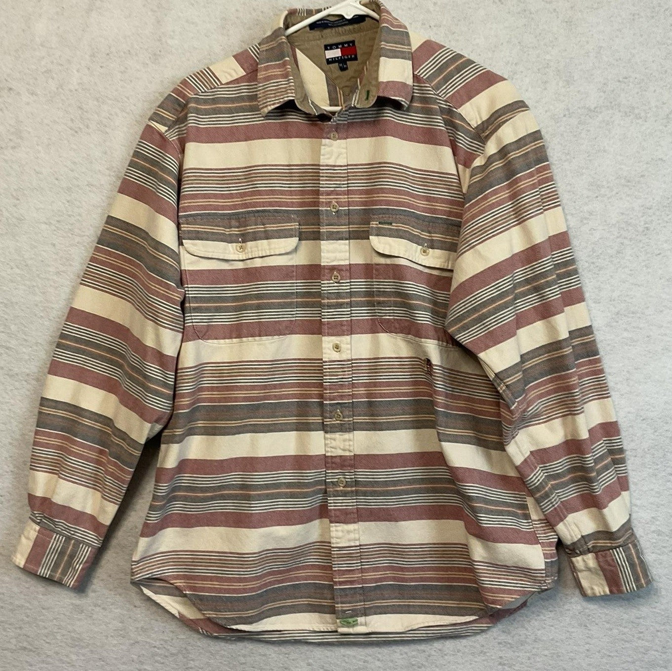 VTG Tommy Hilfiger Shirt Mens Medium Beige Striped Long Sleeve Button Up Casual
