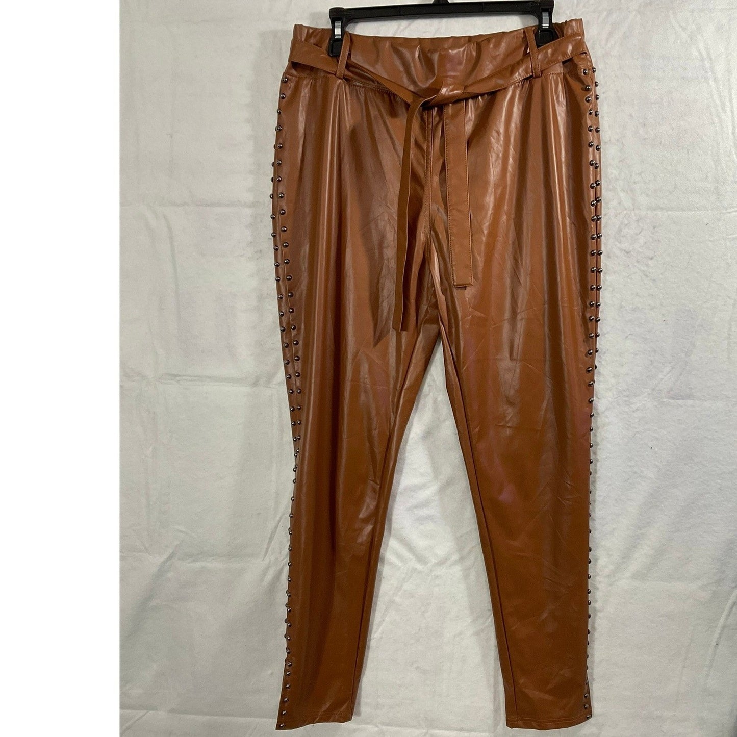 ChicMe Faux Leather Pants Women XL Cognac Brown Studded Tie Waist Trousers