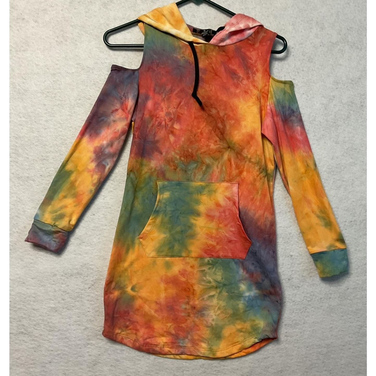Love Hoodie Tunic Womens Medium Multicolor Tie Dye Cold Shoulder Kangaroo Pocket