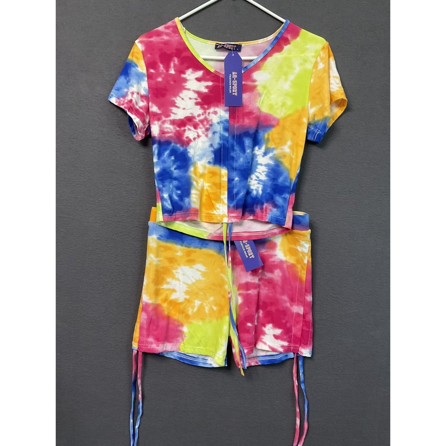 AQ Sport Shirt Shorts Set Womens Large Tie Dye Rainbow Crop Top Lounge Two Piece