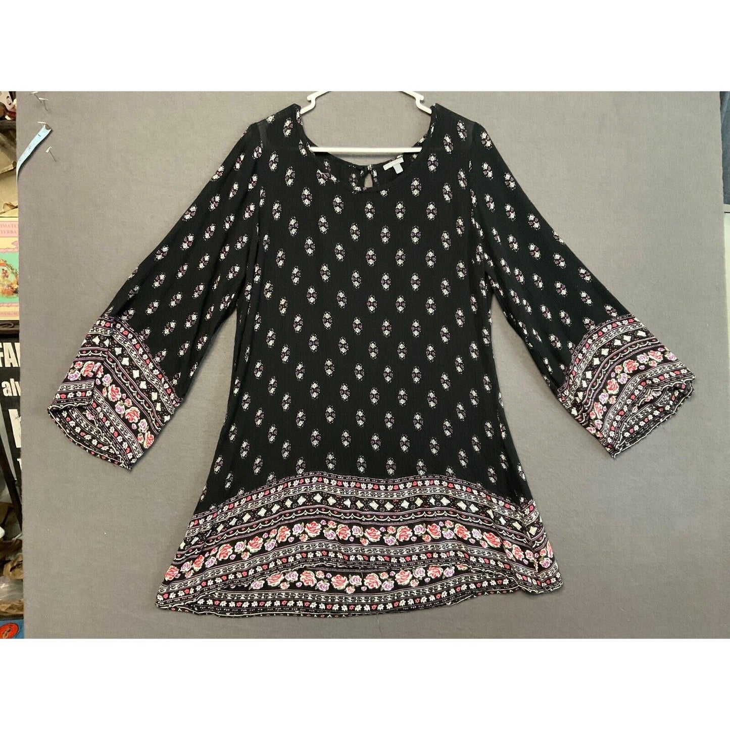 Charlotte Russe Boho Floral Print Knee Length Dress M Black Pink Bell Sleeves