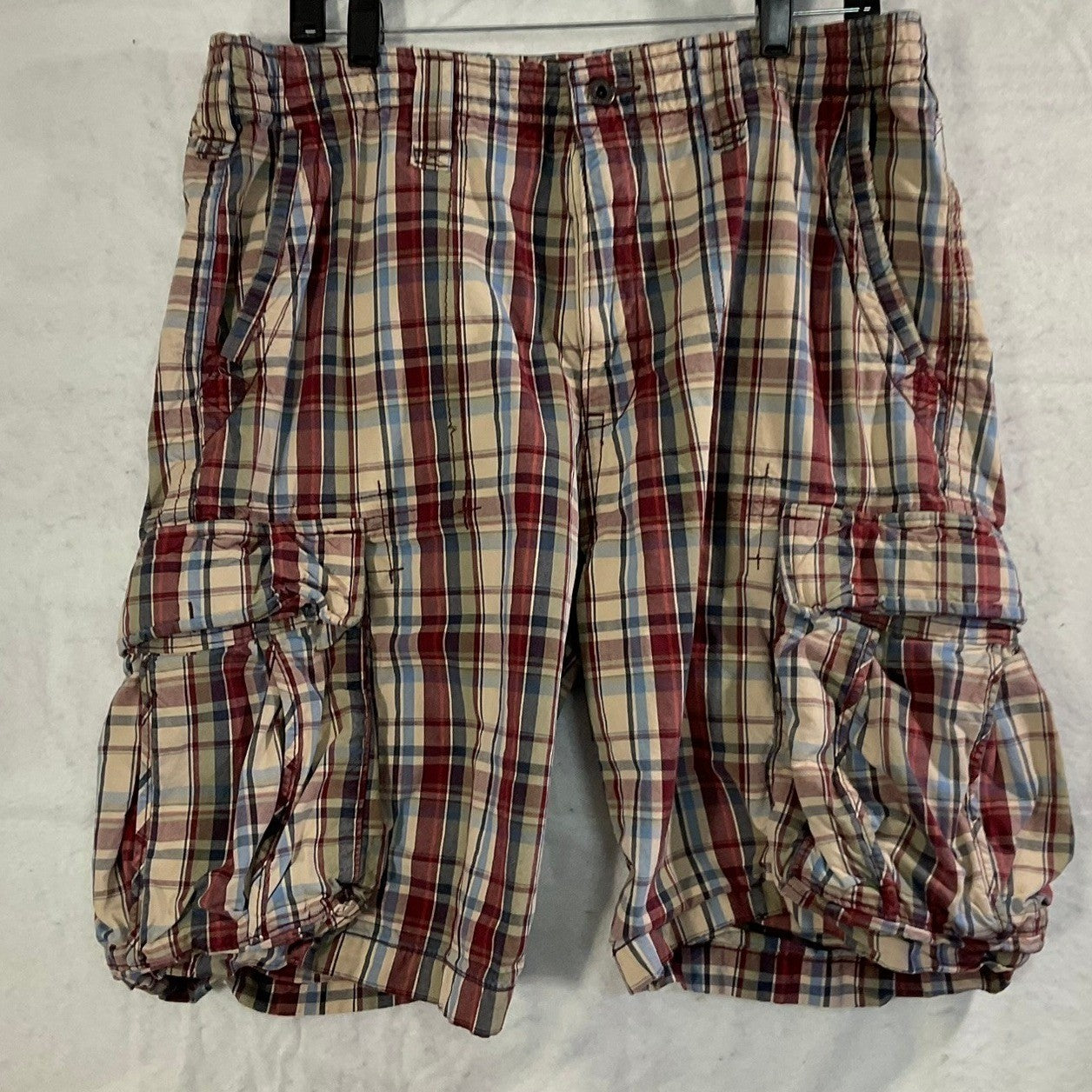 Nautica Cargo Shorts Mens 36 Red Blue Tan Plaid Cotton Relaxed Utility Pockets