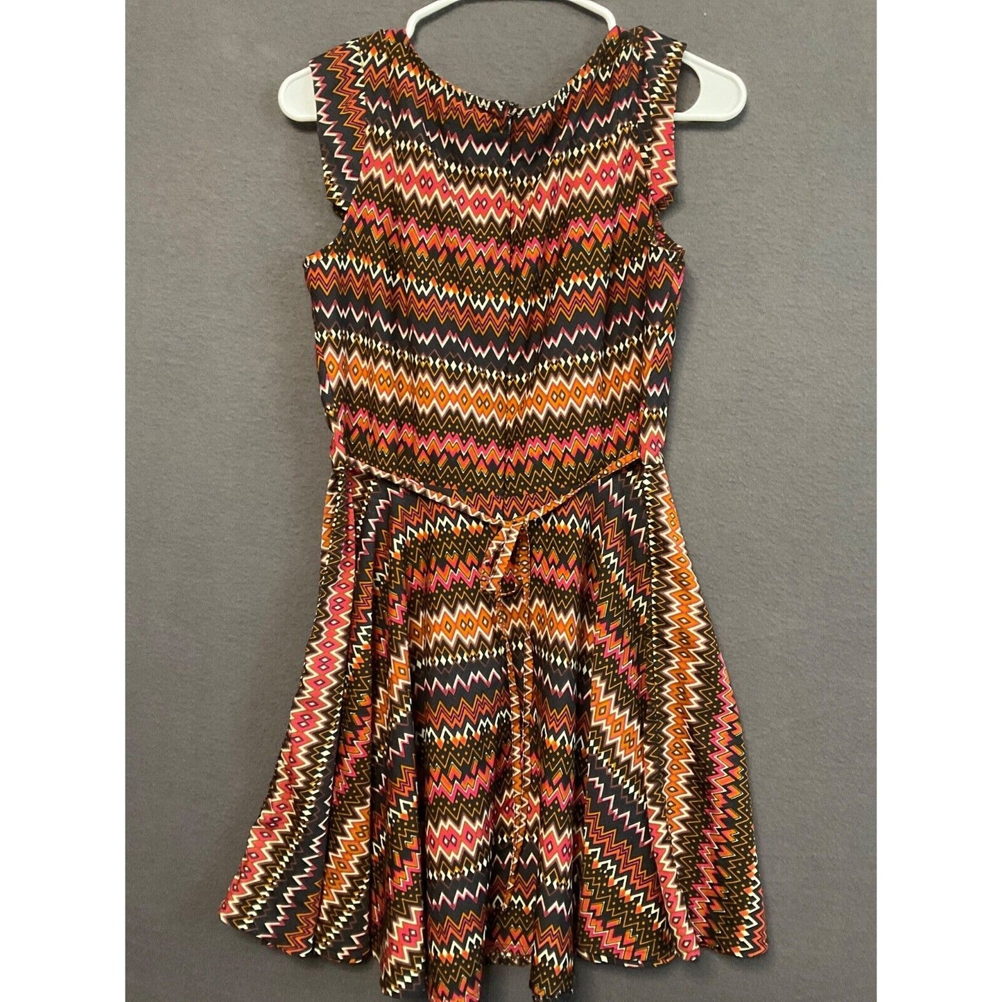Pinky Tribal Chevron Fit Flare Dress M Zip Back Sleeveless Colorful Boho Causal