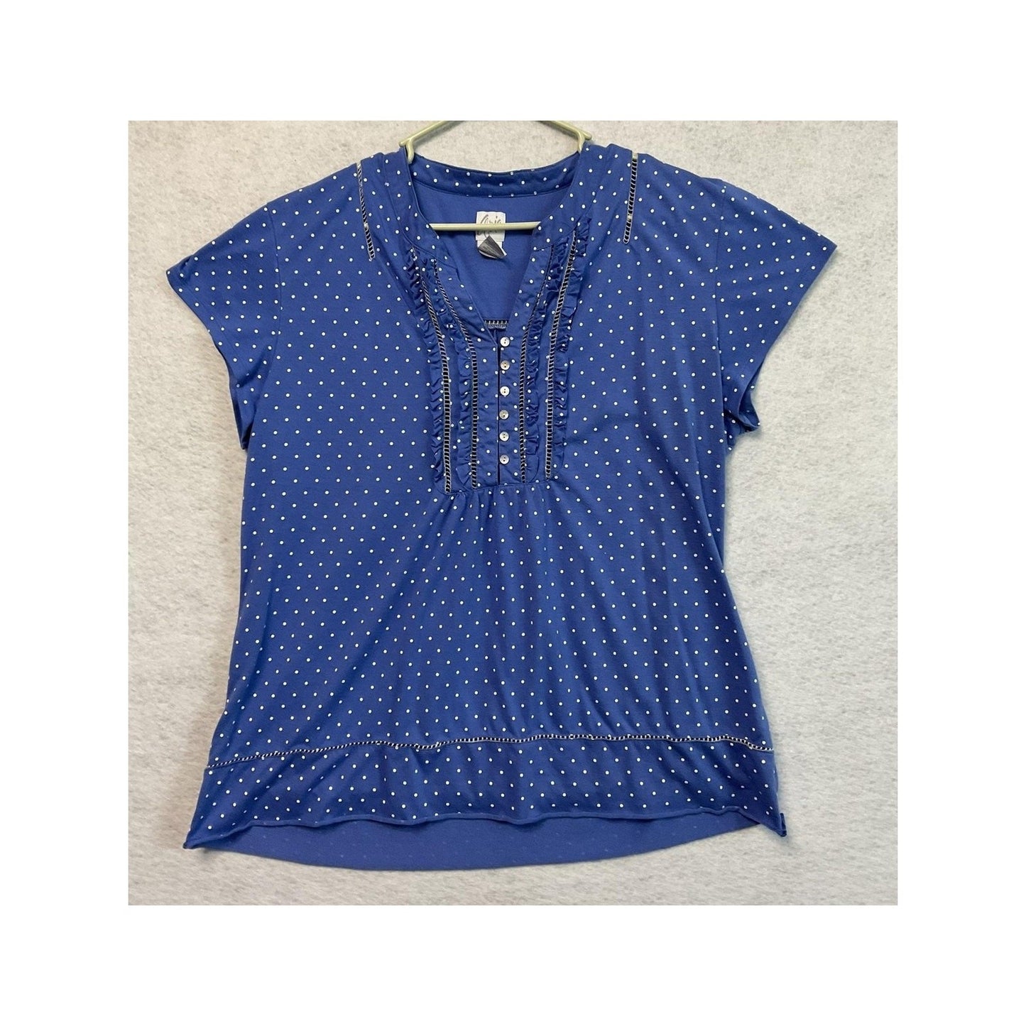 Cira Shirt Womens Extra Large Blue Polka Dot Ruffle Henley Short Sleeve Casual