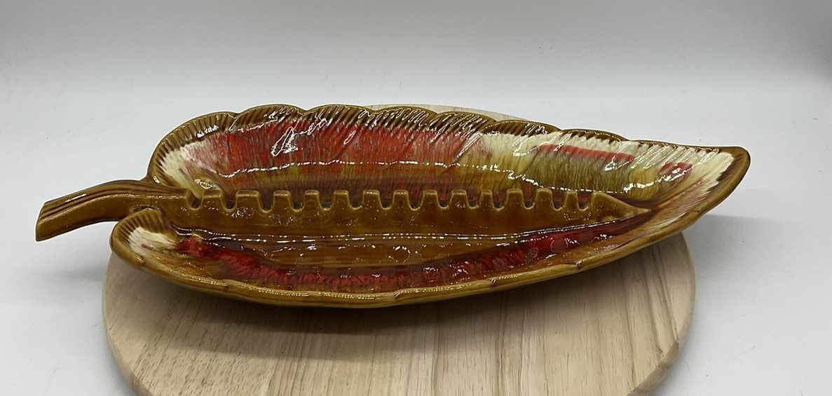 Vintage Maurice Of Calif Leaf Serving Dish Set Brown Red Drip Glaze USA Pottery