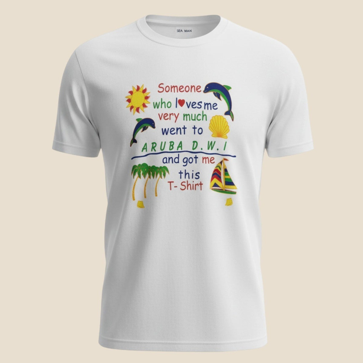 Sea Man Aruba Souvenir T-Shirt Mens Medium White Cotton Graphic Tee Travel