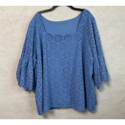 Jessica London Shirt Womens 30/32 Blue Eyelet Bell Sleeve Lined Blouse Top