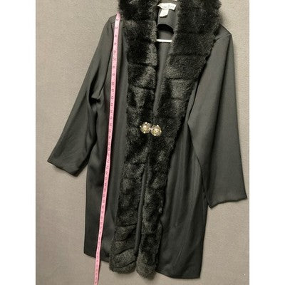 Vintage Hosanna Design Black Long Coat L Faux Fur Collar Jeweled Button USA Made
