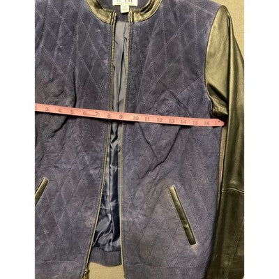 Denim & Co XS Navy Leather Sleeve Quilted Jacket Genuine Leather Front