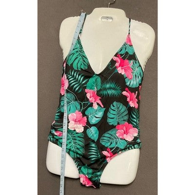 Ekouaer Women's One-Piece Swimsuit M Black Floral Tropical Crisscross Back NWT