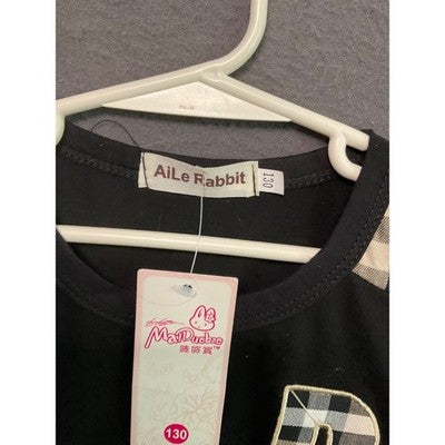 Aile Rabbit Girls Size 8 Black T-Shirt Plaid Shoulder B Patch NWT