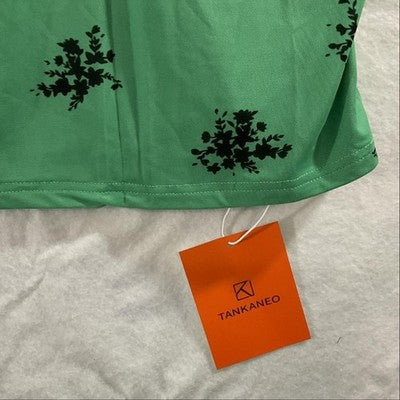 TANKANEO Cami Tank Top Womens Large Light Green Floral Ruffle Bow Lined Stretch