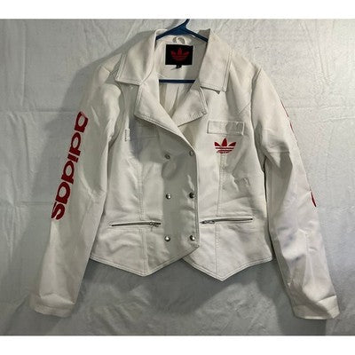 Adidas Moto Jacket Women Large White Red Faux Leather Trefoil Logo Biker Street
