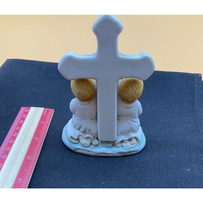 Vintage Porcelain Cross with Praying Children Figurine, 4.5" Tall
