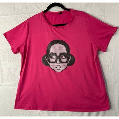 Shein Curve Graphic T-Shirt Women 1XL Hot Pink Pop Art Girl Glasses UU600-12