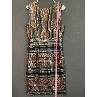 Sequin Black Gold Tribal Sm/Med Party NWOT Midi Dress Side Zip Sleeveless