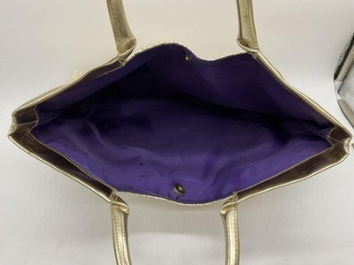 Gold Textured Tote Bag Womens Large Metallic Shoulder Handbag Purple Lining