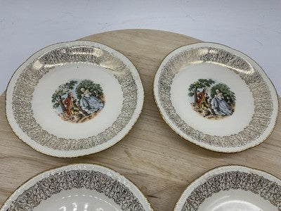 Homer Laughlin Dessert Bowls Set 4 White Gold Courting Couple USA Scene Vintage