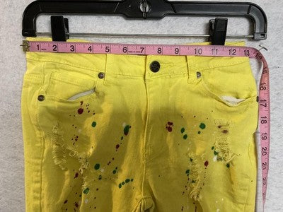 Kréamy Shorts Womens Small Yellow Distressed Paint Splatter Bermuda Stretch