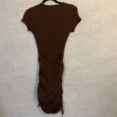 SheIn Dress Womens Large Brown Ruched Ribbed T Shirt Bodycon Knit Knee Length