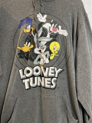 Looney Tunes Hoodie Mens 3XL Gray Fleece Pullover Graphic Characters Sweatshirt