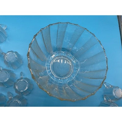 Vintage Glass Punch Bowl & 11 Cups Mid-Century Party Drinkware Textured Clear